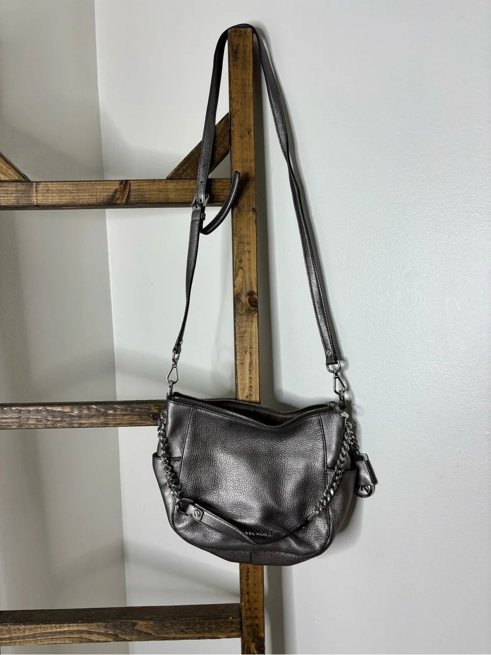 Michael Kors Metallic Pewter Pebbled Leather Hobo with Chain Strap